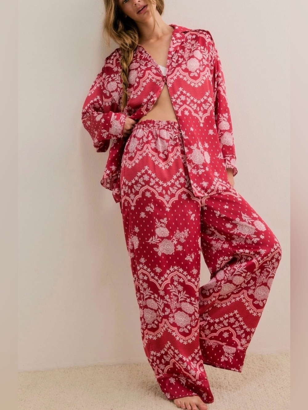 Free People Intimately Red and White Floral Two-Piece Set. NWOT